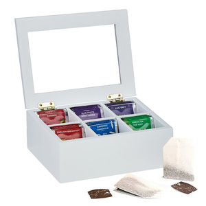 Boîte à sachets de thé et à tisanes 23x17x7,5 cm, organisateur en bois blanc avec 6 compartiments et couvercle avec fenêtre - Product Image 1