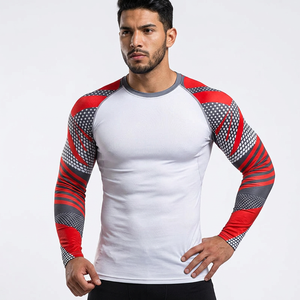 T-shirt de compression pour homme à manches longues, col rond, coupe ajustée, imprimé géométrique sportif, respirant, séchage rapide, blanc, rouge, noir - Product Image 1
