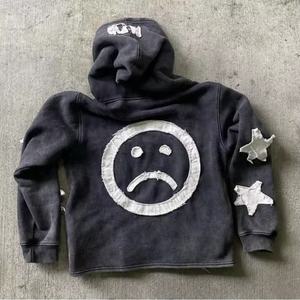 Sudadera con capucha para hombre, de fabricante personalizado, estilo vintage, con efecto desgastado, corte y confección, lavado ácido, con cremallera, de peso pesado 400 g/m², con parche bordado y corte holgado - Product Image 3