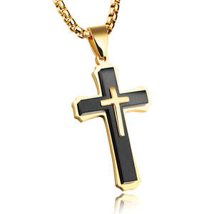 Grand collier pendentif en acier titane pour hommes et adolescents, bijoux, trois couches, croix de Jésus, crucifix, colliers avec chaîne en boîte - Product Image 6