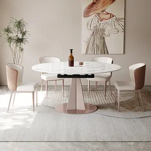 Yeni Modern uzatılabilir tasarım yemek odası mobilyası 6 koltuklu 8 koltuklu sinterlenmiş taş masa üstü Metal taban yuvarlak yemek masası seti