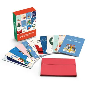 Atacado personalizado papel de impressão em massa variado feriados feliz natal cartões de saudação com envelopes caixa de embalagem