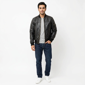 Finer Threads Vintage Front Zip Genuine <b>Leather</b> Varsity <b>Jacket</b> with Pockets Breathable Hooded for <b>Men</b>-Direct Factory Supply - Product Image 1