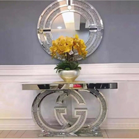 Table console décorative de luxe avec miroir Table d'entrée en bois, argent, verre scintillant, miroir d'entrée
