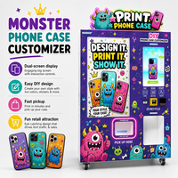 Máquina expendedora de carcasas de teléfono con pantalla dual para impresión de diseños de papel tapiz festivo, ideal para centros comerciales urbanos.