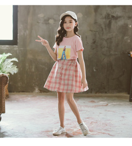 Conjunto de Ropa Infantil para Niña, Camiseta de Manga Corta con Estampado Azul y Falda Pantalón a Cuadros, Superventas en Dropshipping - Product Image 3