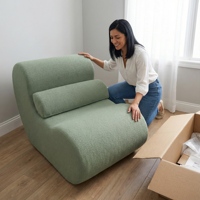 Canapé une place ergonomique moderne vert sauge, à profil bas, avec coussin épais en éponge haute densité et tissu compressé, capitonné