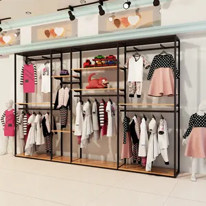 Boutique-Möbel-Vorstellungsregal Kleidung wandmontage Holz und Schwarz freistehende Kinderkleidung Regale Kinderkleidungsregal