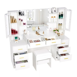 <span class=keywords><strong>Commode</strong></span> de chambre à coucher en laque blanche haut de gamme avec fonction LED <span class=keywords><strong>et</strong></span> miroir sur pied Coiffeuse de rangement de luxe moderne en <span class=keywords><strong>bois</strong></span> - Product Image 3