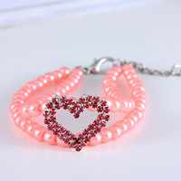 Collier pour animaux de compagnie avec pendentif cœur d'amour, joli collier à double rangée de perles pour chien et chat
