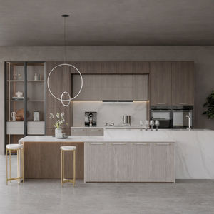 Meuble de cuisine moderne en panneaux de particules de mélamine avec portes vitrées, unités hautes et îlot en granit artificiel pour projets de villas - Product Image 1