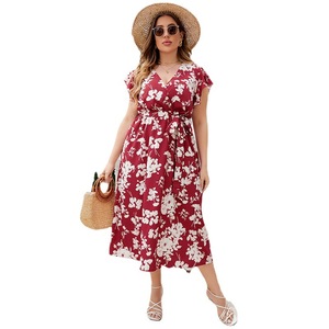 <span class=keywords><strong>Robe</strong></span> midi à imprimé floral pour femmes grandes tailles, col en V, manches courtes, ceinture à la taille, <span class=keywords><strong>robe</strong></span> décontractée d'été rouge pour les fêtes - Product Image 5