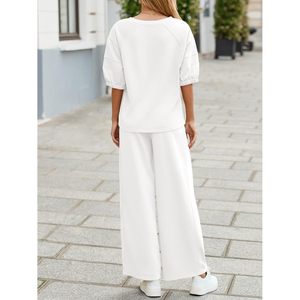 Ensemble 2 pièces pour femmes Fisoew, haut à col en V, pantalon large, ensemble décontracté pour l'entraînement, respirant, tricoté, toutes saisons - Product Image 5