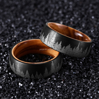 POYA cincin Tungsten berlapis hitam 8mm, cincin dalam kayu antik dengan desain Laser hutan untuk pernikahan atau hadiah
