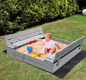 Grande bac à sable en bois d'extérieur pour enfants, bac à sable en bois 120 x gris avec couvercle et bancs, scellable - Product Image 2