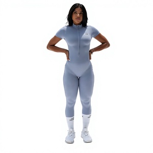 Body de yoga sin costuras de color liso para mujer, con cremallera de un cuarto, manga corta, cintura alta, largo completo, que absorbe el sudor, ropa deportiva de spandex - Product Image 1