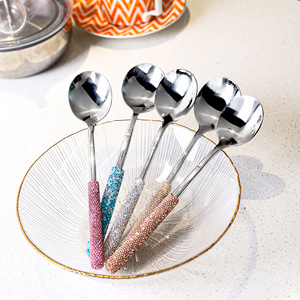 Ensemble de cuillères en acier inoxydable Jin Hui avec strass, 5 pièces, poli miroir, cuillères à café, à thé, à soupe, manche décoratif, vaisselle de cuisine - Product Image 1