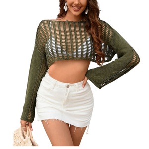 Personnalisé tricoté Crochet <span class=keywords><strong>pull</strong></span> femmes maille évider <span class=keywords><strong>manches</strong></span> <span class=keywords><strong>évasées</strong></span> tricot à <span class=keywords><strong>manches</strong></span> longues solide Crop hauts Sexy Bikini plage couvrir - Product Image 5