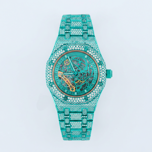 Luxury Women's Mechanical <b>Watch</b> Stainless Steel Teal Diamond Encrusted <b>Skeleton</b> Dial Analog 42mm Deployment Clasp - Product Image 1