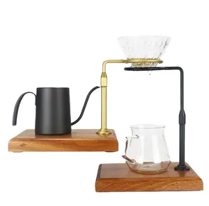 Delicate coffee dripper holder aluminum alloy brass coffee pour over stand with solid wood base coffee drip stand