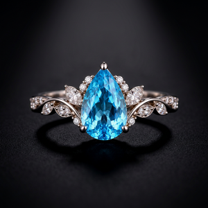 Bague de fiançailles en argent sterling 925 avec topaze bleue suisse taille poire et motif feuille de vigne, bijoux personnalisés en pierres précieuses, fabricant grossiste - Product Image 2