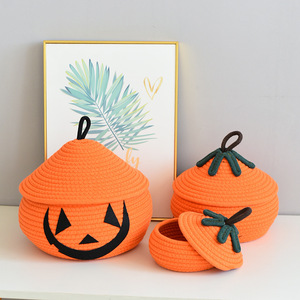 Halloween Pumpkin Storage <b>Basket</b> With Lid Cotton Rope Woven Design For Home Decor Fall Winter 2024 - Product Image 1