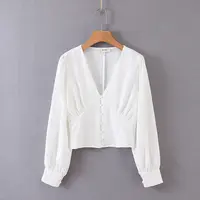 Design simples V pescoço slim fit manga comprida button up casual blusa branca para as mulheres