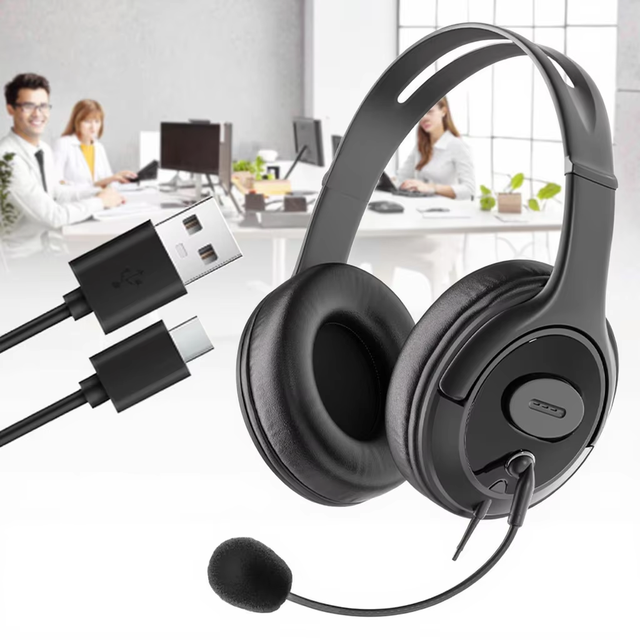 OMFOX KTC108UT Business Office binaural head-mounted Call center Headset with USB or TYPE-C & ENC Call noise reduction for Teams