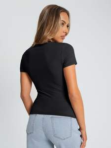 Camiseta de alta calidad para mujer, Camisetas Básicas de manga corta ajustadas, Camiseta corta suave con cuello redondo, ropa de moda de gimnasio bonita de verano - Product Image 6