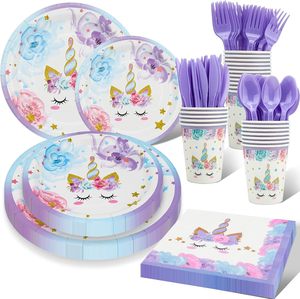 Platos desechables para fiesta de cumpleaños con tema de unicornio púrpura, vasos de papel, toallas de papel, manteles, otra decoración de fiesta - Product Image 1