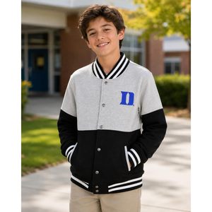 Chaqueta Varsity para Niños FOXA Duke, Negra y Gris, Manga Larga, Forro Polar, Estilo Preppy, Ropa de Otoño - Product Image 2