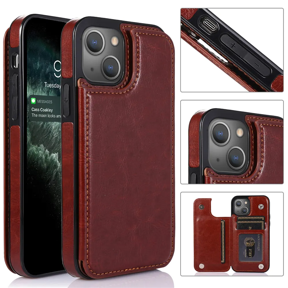 Fabricage Aanpassen Reliëf Logo Lederen Mobiele Telefoon Case Voor Iphone 13 12 11 Pro Max Kaarthouder Wallet Cover