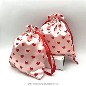 حقيبة مستحضرات تجميل فاخرة من الساتان الوردي مع قلب كامل مطبوع أكياس ساتان حرير مبطنة بالساتان من أجل ،