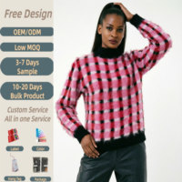 Pull en tricot surdimensionné Y2K pour femme, personnalisé OEM, à col montant, motif pied-de-poule, fourrure shaggy, bordure côtelée contrastante