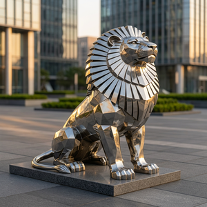 Grande sculpture géométrique de lion en acier inoxydable, poli miroir, statue d'art animalier pour la décoration extérieure de jardins et de places publiques - Product Image 3