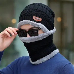 50% Off Soft Winter Beanie Men Knitted Hat Cap Women Thick Wool Neck Scarf Cap Balaclava Mask Bonnet Hats Set Unisex Beanie