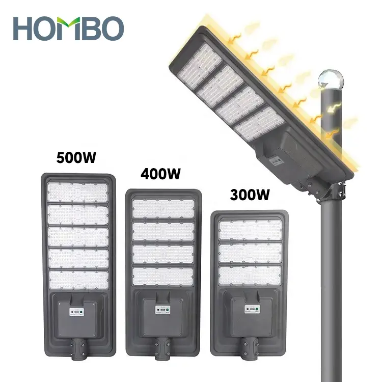 ضوء شارع يعمل بالطاقة الشمسية الكل في واحد LED للخارج بقوة 300 وات 400 وات 500 وات IP65 مضاد للماء مع تحكم عن بعد ذكي من HOMBO