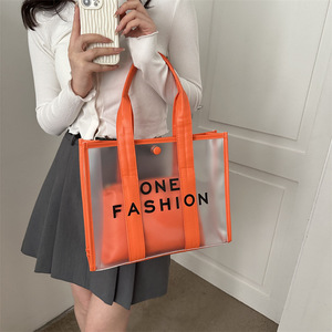 Miles Custom Fashionable Women Colorful PU Handle Button Clear PVC Tote Bags with Magnetic Snap Fastener with Logo Printed