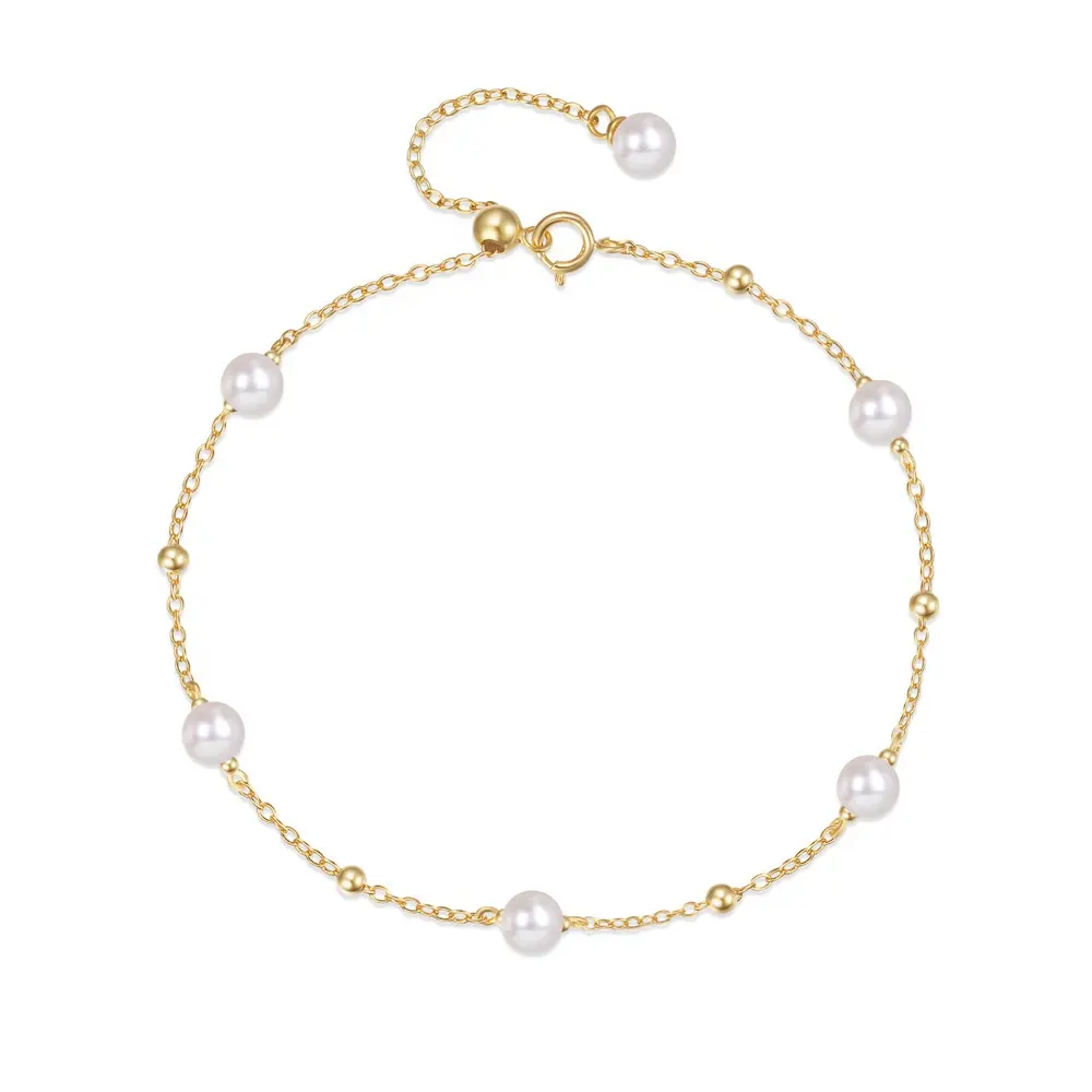 New 18k Pvd Gold Plated Pearls Cz Link Bracelet 925 Silver Dainty Pearl Ball Charm Bracelet Women Jewelry For Girls