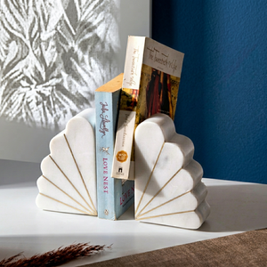 White <b>Fan</b> Shaped Metal Bookends Gold Detailing Decorative Modern Farmhouse Design Office Bedroom Library Home Decor - Product Image 1