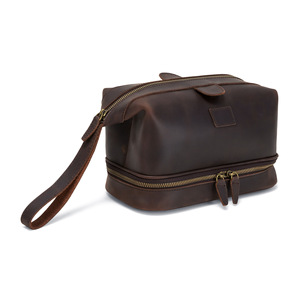 Genuine Leather <b>Toiletry</b> Bag Rectangle Brown Soft Handle Solid Color Men's Clutch <b>Storage</b> Bag Everyday Use - Product Image 1
