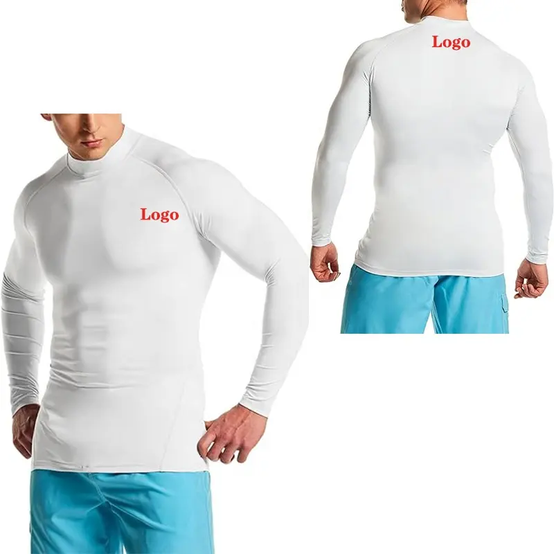 Vente en gros de chemises de gym à compression à manches longues upf50 + avec logo personnalisé, protection contre les éruptions cutanées pour le surf et la natation