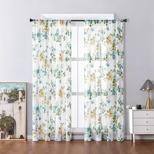 Cortina transparente con estampado de flores para sala de estar, tul de poliéster de algodón y lino, rojo, azul y púrpura, oferta, envío al por mayor