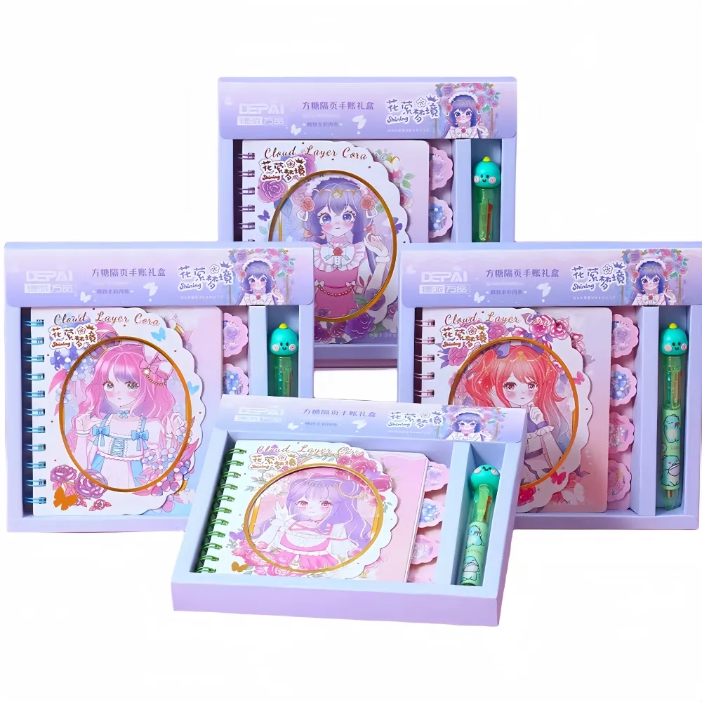 Carnet à spirale carré de style anime avec étiquettes de classification et stylo à bille pour coffret cadeau de papeterie