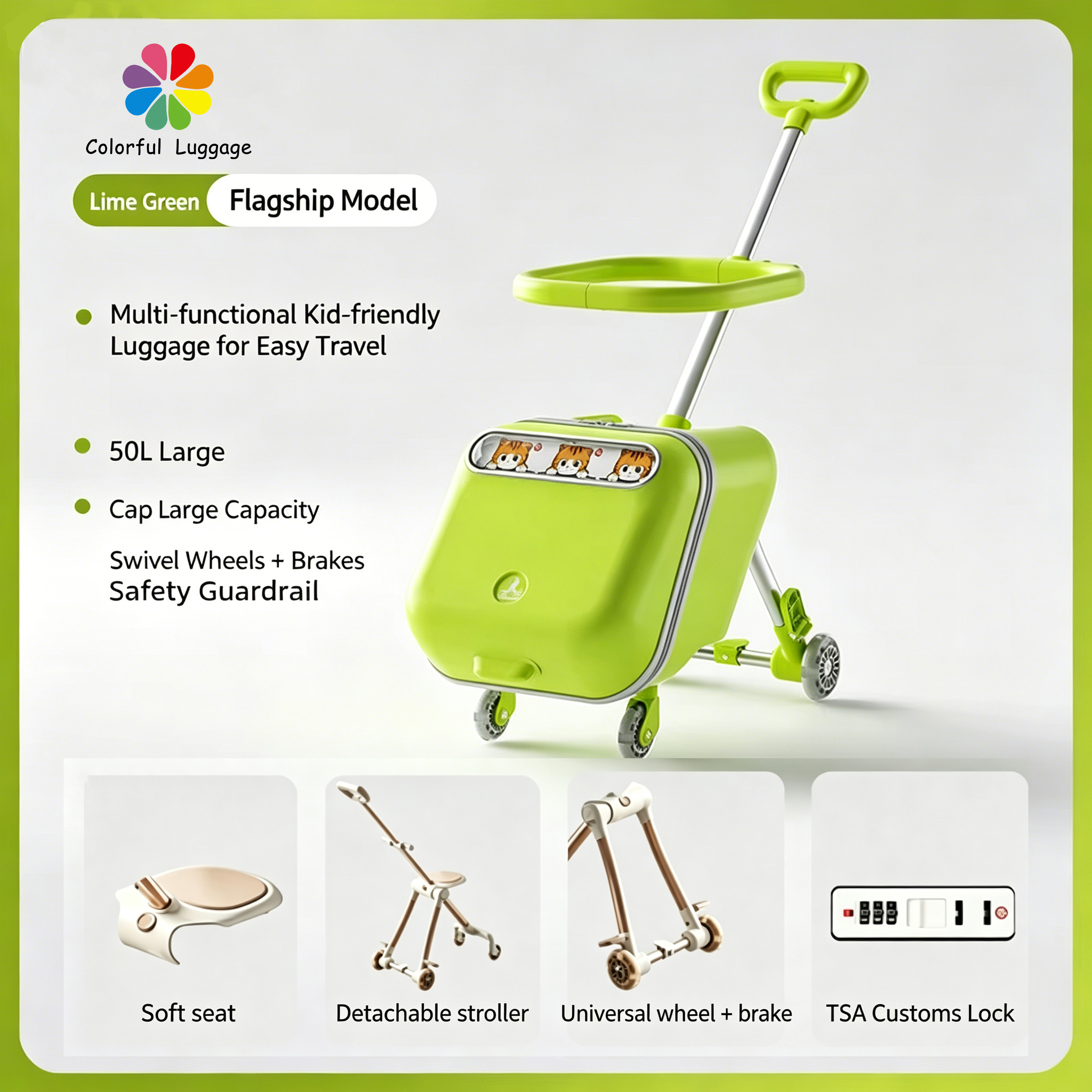 Lime green-high-end model-50l capacity-universal wheels-brakes