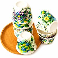 Ensemble de 8 tasses à café en céramique écologiques de luxe avec bordure dorée et argentée, imprimé floral bohème mandala paisley marocain