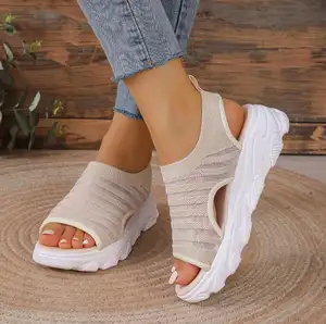 Neue Peep Toe Netz Plattform-Sandalen weiche Schaumsohle fliegendes Gewebe Sport-Damen-Sandalen europäisch und amerikanisch