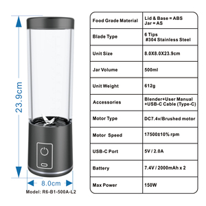 Presse-agrumes Machine 500ML Mini presse-agrumes USB Rechargeable Mélangeur Professionnel pour Orange Raisin Pomme Carotte - Product Image 2
