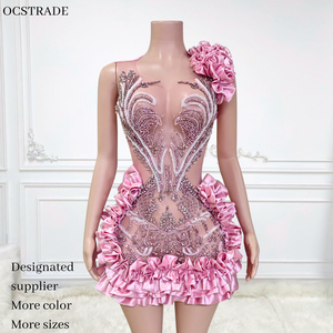 Ocstrade Abito <span class=keywords><strong>Mini</strong></span> di Lusso Rosa con Strass e Rete Trasparente, Monospalla in Raso con Volant, Vestito Corto Aderente <span class=keywords><strong>da</strong></span> Club, Abito <span class=keywords><strong>da</strong></span> <span class=keywords><strong>Sera</strong></span> - Product Image 2