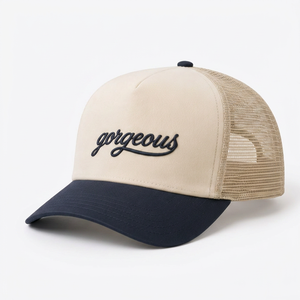 Gorra Trucker Personalizada al por Mayor, Bordada, Beige y Azul Marino, Malla, Perfil Alto, 5 Paneles, Visera Curva, Alta Calidad, Unisex - Product Image 2